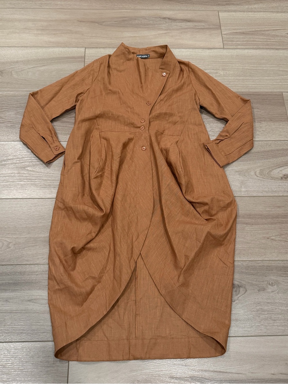 AAKASHA Linen Maxi Dress Medium M Brown Rust Asymmetrical Draped Lagenlook